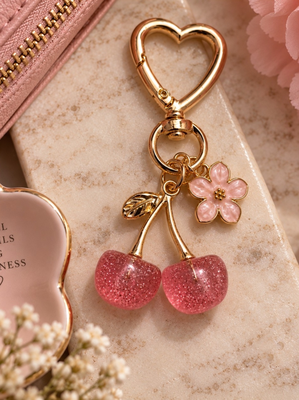 Gold Cherry Keychain with Pink Glitter Cherries and Blossom Purse Bag Charm New